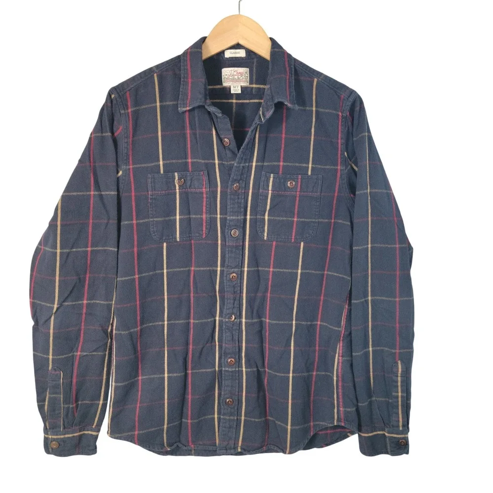 J Crew Flannel Shirt Men Medium Tall Blue Plaid Workwear Cabincore Tattersall